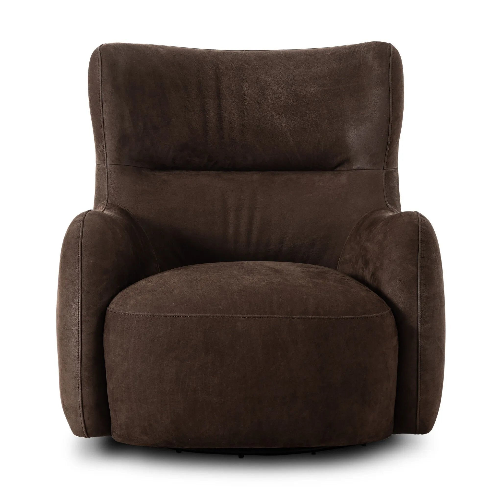 Modern wingback with a twist of barrel back design, this enveloping swivel chair comes with velvety upholstery in a deep brown hue. Deeply cushioned back and seating for maximum comfort, the chair is affixed to a 360-degree swivel base for relaxed lounging Amethyst Home provides interior design, new home construction design consulting, vintage area rugs, and lighting in the Washington metro area.