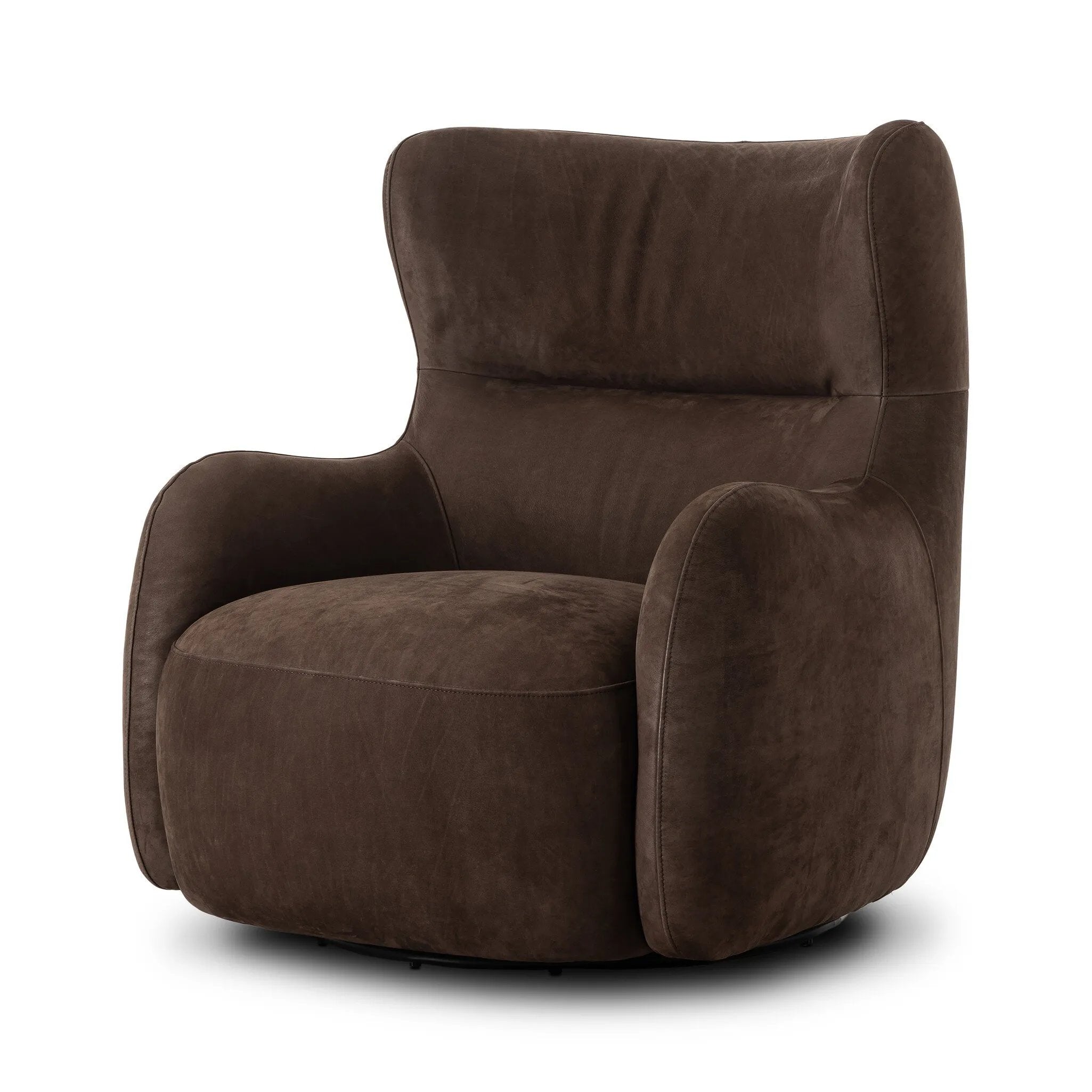 Modern wingback with a twist of barrel back design, this enveloping swivel chair comes with velvety upholstery in a deep brown hue. Deeply cushioned back and seating for maximum comfort, the chair is affixed to a 360-degree swivel base for relaxed lounging Amethyst Home provides interior design, new home construction design consulting, vintage area rugs, and lighting in the Winter Garden metro area.