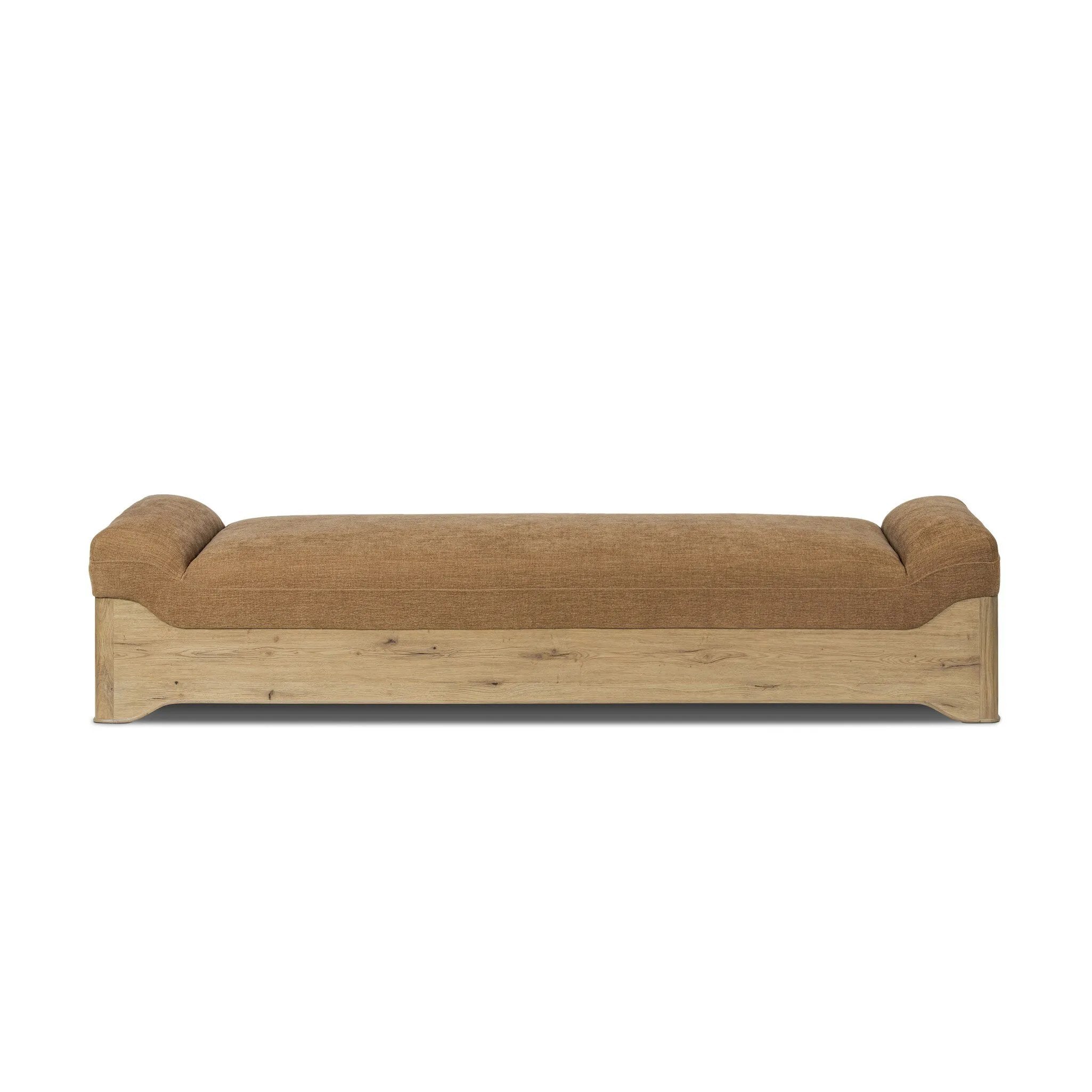 This statement-making chaise takes on an oversized shape-based silhouette, with a deep, chenille-upholstered seat and thick wood base. The subtly angled seating doubles as head support for a refined look, perfect as room dividing piece Amethyst Home provides interior design, new home construction design consulting, vintage area rugs, and lighting in the Nashville metro area.