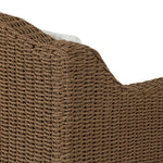 Twisted faux rattan is double twisted for a chunky feel, inspired by traditional coastal designs. The fully woven, cambelback silhouette of this outdoor chair adds visual interest, with high-end, linen-like upholstery bringing subtle contrast to the seat cushions. Amethyst Home provides interior design, new home construction design consulting, vintage area rugs, and lighting in the Los Angeles metro area.