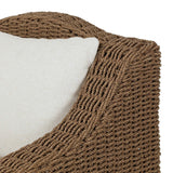 Twisted faux rattan is double twisted for a chunky feel, inspired by traditional coastal designs. The fully woven, cambelback silhouette of this outdoor chair adds visual interest, with high-end, linen-like upholstery bringing subtle contrast to the seat cushions. Amethyst Home provides interior design, new home construction design consulting, vintage area rugs, and lighting in the Nashville metro area.