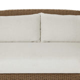 Twisted faux rattan is double twisted for a chunky feel, inspired by traditional coastal designs. The fully woven, cambelback silhouette of this outdoor sofa adds visual interest, with high-end, linen-like upholstery bringing subtle contrast to the seat cushions. Amethyst Home provides interior design, new home construction design consulting, vintage area rugs, and lighting in the Kansas City metro area.