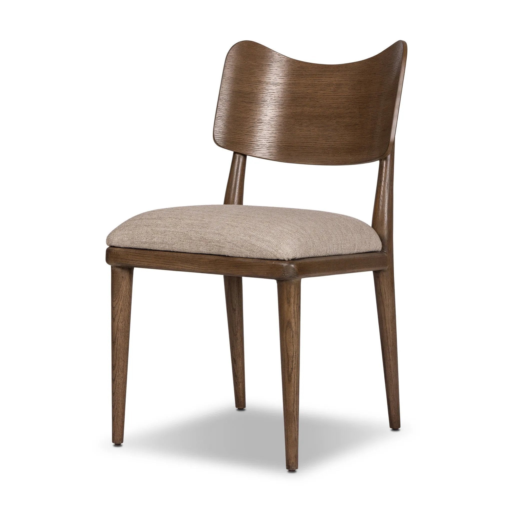An armless dining style pairs a slim profile and curved back, for a beautifully contoured look. Framed by tan-finished solid oak featuring a center cutout, a seat cushion upholstered in high-performance fabric crafts a comfortable seat perfect for everyday dining. Amethyst Home provides interior design, new home construction design consulting, vintage area rugs, and lighting in the Scottsdale metro area.