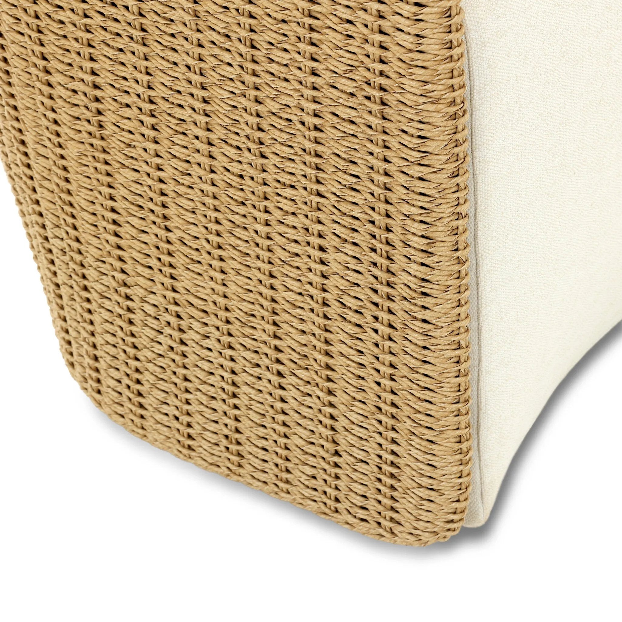 Sustainably made with zero waste, luxurious Italian upholstery places a new and unique spin on indoor/outdoor seating, offering soft, durable fabric that's highly resistant to sun, stains, mold and abrasion. Shell framing of faux hyacinth weaves for extra texture, with casters for ease of use. Amethyst Home provides interior design, new home construction design consulting, vintage area rugs, and lighting in the Laguna Beach metro area.
