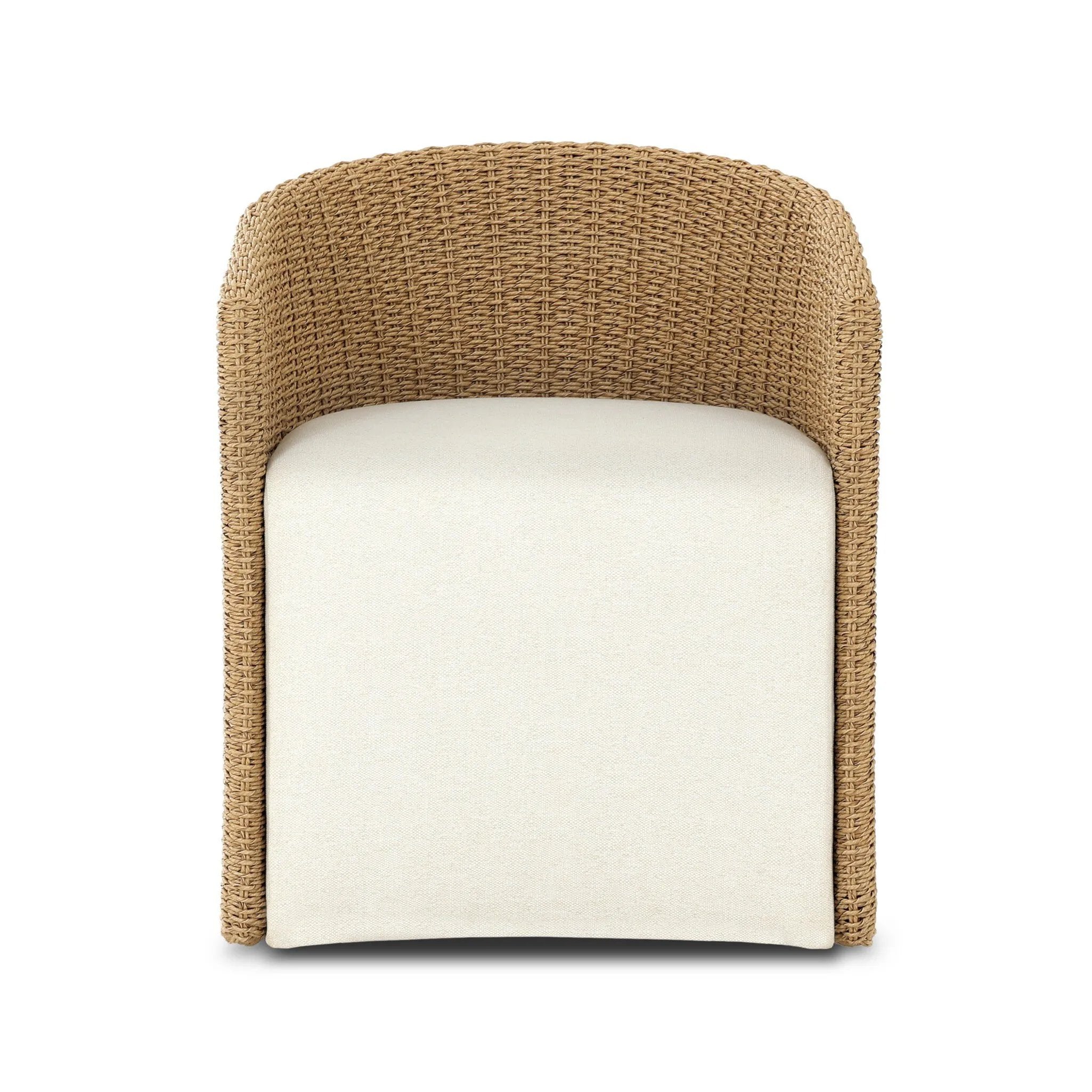 Sustainably made with zero waste, luxurious Italian upholstery places a new and unique spin on indoor/outdoor seating, offering soft, durable fabric that's highly resistant to sun, stains, mold and abrasion. Shell framing of faux hyacinth weaves for extra texture, with casters for ease of use. Amethyst Home provides interior design, new home construction design consulting, vintage area rugs, and lighting in the Newport Beach metro area.