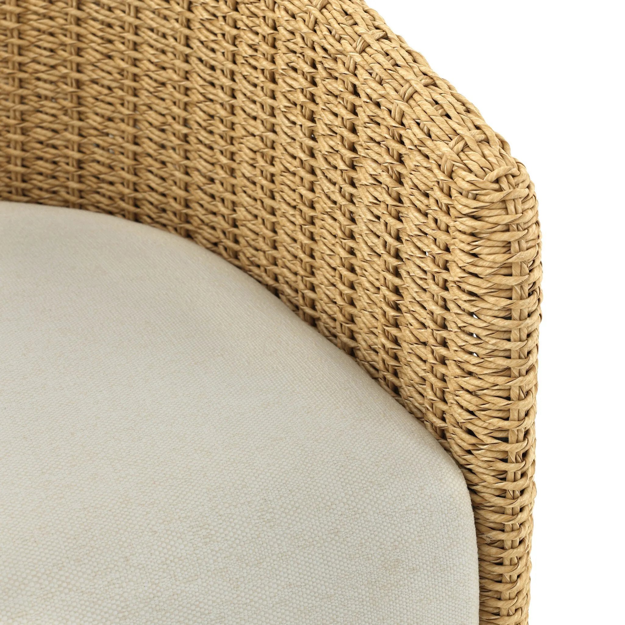 Sustainably made with zero waste, luxurious Italian upholstery places a new and unique spin on indoor/outdoor seating, offering soft, durable fabric that's highly resistant to sun, stains, mold and abrasion. Shell framing of faux hyacinth weaves for extra texture, with casters for ease of use. Amethyst Home provides interior design, new home construction design consulting, vintage area rugs, and lighting in the Washington metro area.