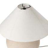 Featuring Mays Light Sand Porcelain Table Lamp by Four Hands at Amethyst Home. Inspired by vintage clay jars, a light sand-colored talavera lamp with handle-like detailing pairs with a tapered linen shade in a versatile ivory. Overall Dimensions: 22.00"w x 22.00"d x 21.00"h
 Shop this lamp at Amethyst - https://www.amethysthome.com/products/mays-light-sand-. Amethyst Home provides interior design, new home construction design consulting, vintage area rugs, and lighting in the San Diego metro area.
