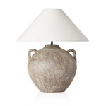 Inspired by vintage clay jars, a brown talavera lamp with handle-like detailing pairs with a tapered linen shade in a versatile ivory Amethyst Home provides interior design, new home construction design consulting, vintage area rugs, and lighting in the Nashville metro area.