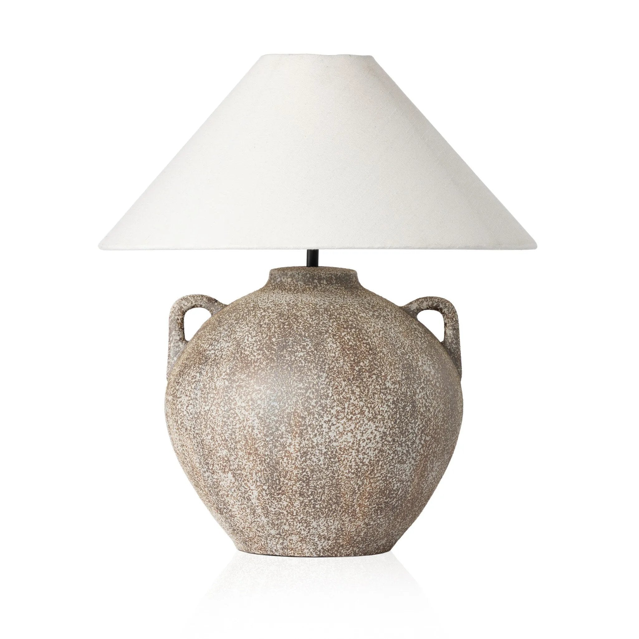 Inspired by vintage clay jars, a brown talavera lamp with handle-like detailing pairs with a tapered linen shade in a versatile ivory Amethyst Home provides interior design, new home construction design consulting, vintage area rugs, and lighting in the Nashville metro area.