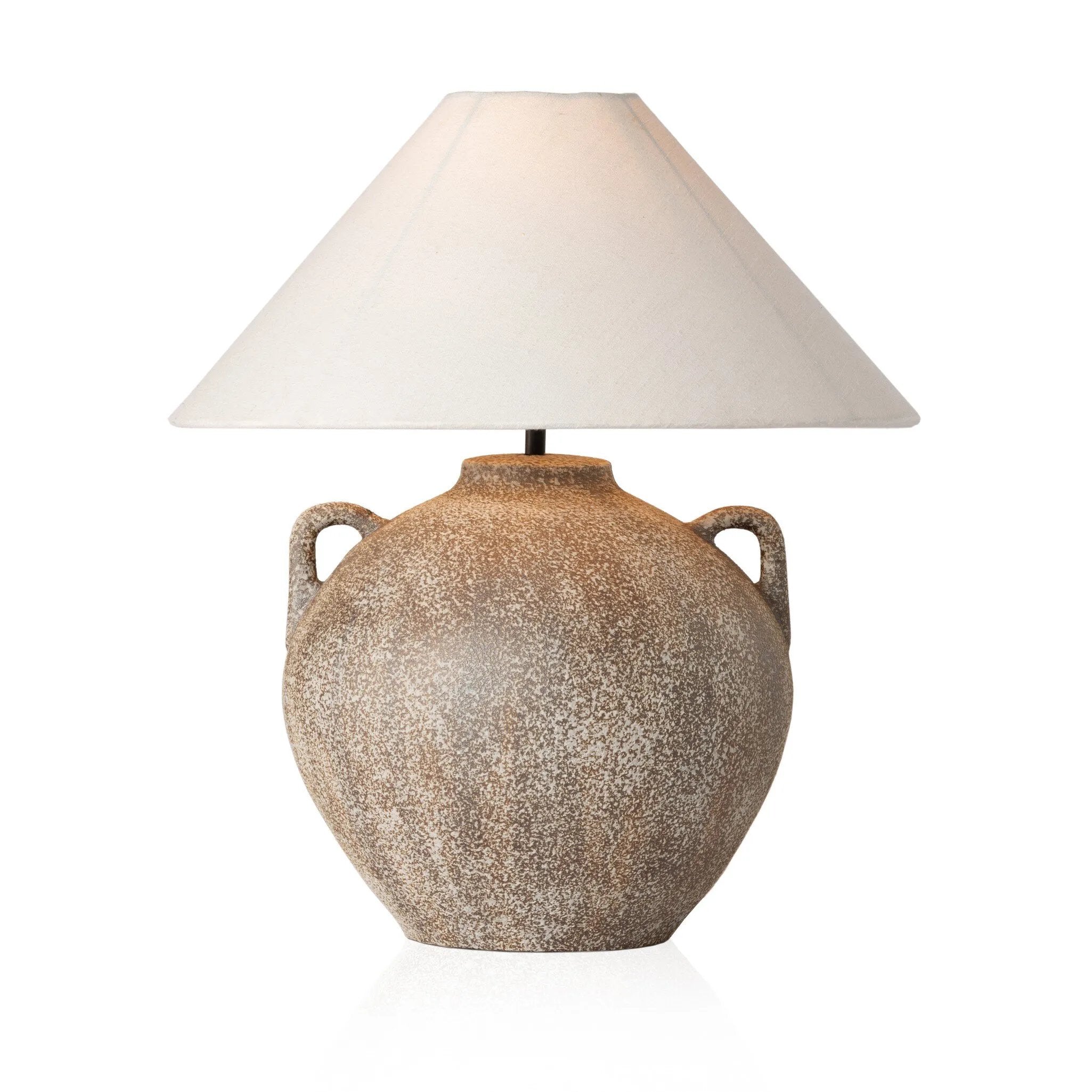 Inspired by vintage clay jars, a brown talavera lamp with handle-like detailing pairs with a tapered linen shade in a versatile ivory Amethyst Home provides interior design, new home construction design consulting, vintage area rugs, and lighting in the Newport Beach metro area.