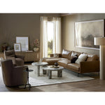 A minimalist sectional to redefine contemporary lounging. Made from tan top-grain leather with a slim profile, expert tailoring and plush cushions for comfort. Sleek metal legs and compact sizing make this piece a versatile anchor for smaller living spaces Amethyst Home provides interior design, new home construction design consulting, vintage area rugs, and lighting in the Austin metro area.