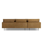 A minimalist sectional to redefine contemporary lounging. Made from tan top-grain leather with a slim profile, expert tailoring and plush cushions for comfort. Sleek metal legs and compact sizing make this piece a versatile anchor for smaller living spaces Amethyst Home provides interior design, new home construction design consulting, vintage area rugs, and lighting in the Calabasas metro area.