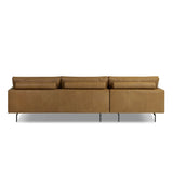 A minimalist sectional to redefine contemporary lounging. Made from tan top-grain leather with a slim profile, expert tailoring and plush cushions for comfort. Sleek metal legs and compact sizing make this piece a versatile anchor for smaller living spaces Amethyst Home provides interior design, new home construction design consulting, vintage area rugs, and lighting in the Calabasas metro area.