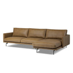 A minimalist sectional to redefine contemporary lounging. Made from tan top-grain leather with a slim profile, expert tailoring and plush cushions for comfort. Sleek metal legs and compact sizing make this piece a versatile anchor for smaller living spaces Amethyst Home provides interior design, new home construction design consulting, vintage area rugs, and lighting in the Charlotte metro area.