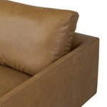 A minimalist sectional to redefine contemporary lounging. Made from tan top-grain leather with a slim profile, expert tailoring and plush cushions for comfort. Sleek metal legs and compact sizing make this piece a versatile anchor for smaller living spaces Amethyst Home provides interior design, new home construction design consulting, vintage area rugs, and lighting in the Miami metro area.