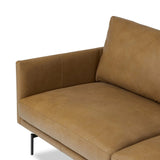 A minimalist sectional to redefine contemporary lounging. Made from tan top-grain leather with a slim profile, expert tailoring and plush cushions for comfort. Sleek metal legs and compact sizing make this piece a versatile anchor for smaller living spaces Amethyst Home provides interior design, new home construction design consulting, vintage area rugs, and lighting in the Monterey metro area.
