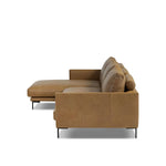 A minimalist sectional to redefine contemporary lounging. Made from tan top-grain leather with a slim profile, expert tailoring and plush cushions for comfort. Sleek metal legs and compact sizing make this piece a versatile anchor for smaller living spaces Amethyst Home provides interior design, new home construction design consulting, vintage area rugs, and lighting in the Winter Garden metro area.