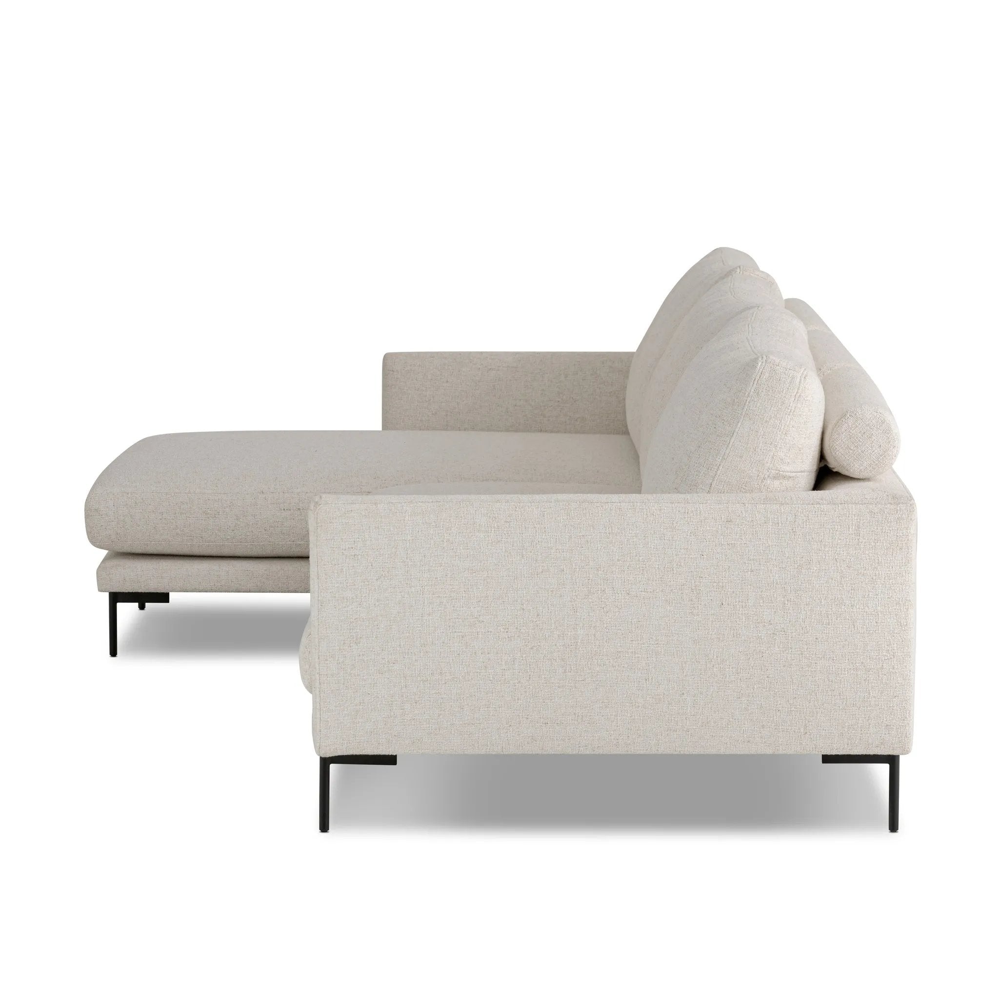 A minimalist form to redefine the contemporary sectional. Made from light, neutral high-performance with a slim profile, expert tailoring and plush cushions for comfort. Sleek metal legs and compact sizing make this piece a versatile anchor for smaller living spaces. Amethyst Home provides interior design, new home construction design consulting, vintage area rugs, and lighting in the Tampa metro area.