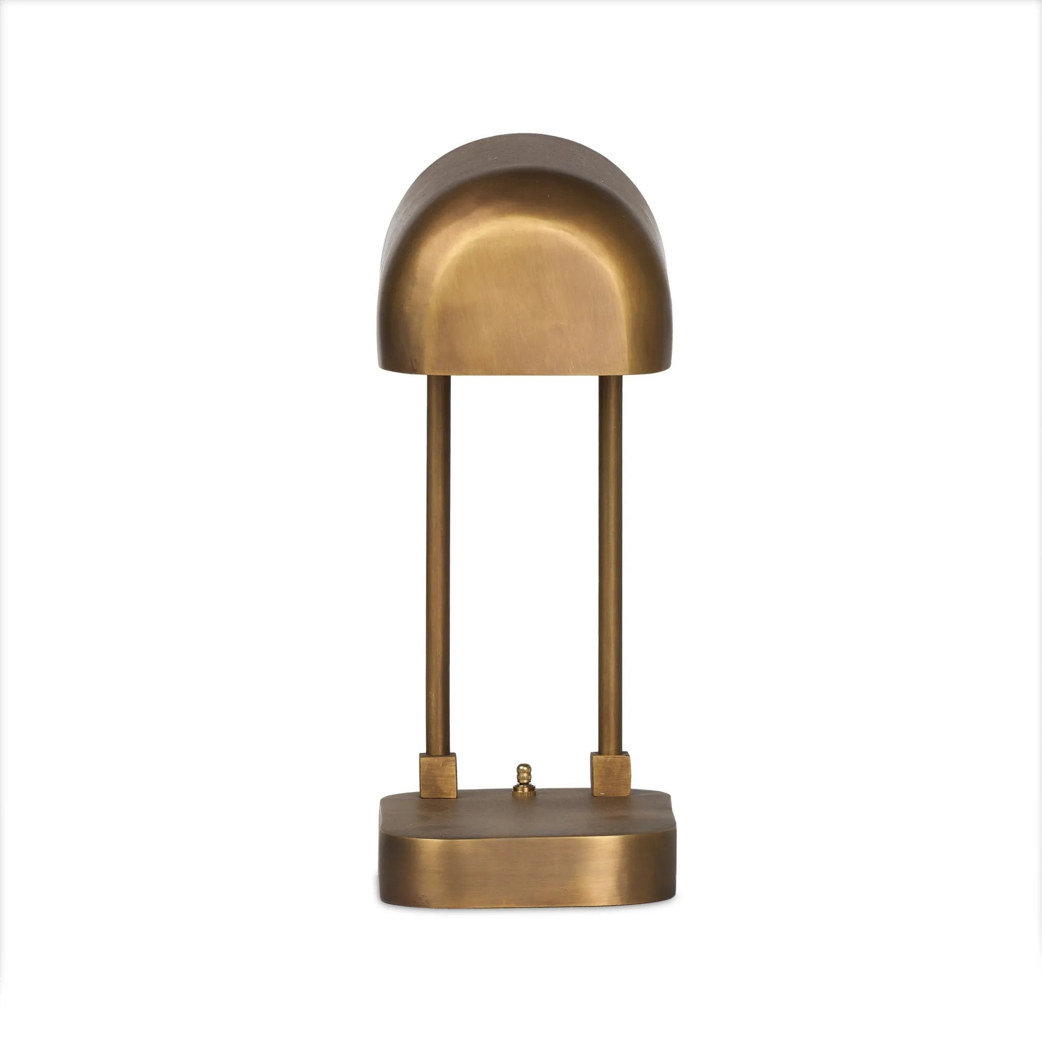 A library task light brings focused illumination to your workspace, nightstand or end table. Crafted from brass with an aged antique finish, the lamp has a rotary switch on the base and double post arms to hold the metal shade in place Amethyst Home provides interior design, new home construction design consulting, vintage area rugs, and lighting in the Scottsdale metro area.