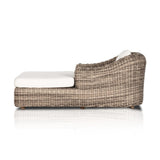 Traditional heritage shape on a grand scale. The outdoor chaise is crafted from durable natural teak in a gorgeous, woven pattern highlighting the texture's natural highs and lows. Oversized with deep-seated comfort for the ultimate outdoor lounge. Cover or store indoors during inclement weather and when not in use. Amethyst Home provides interior design, new home construction design consulting, vintage area rugs, and lighting in the Dallas metro area.