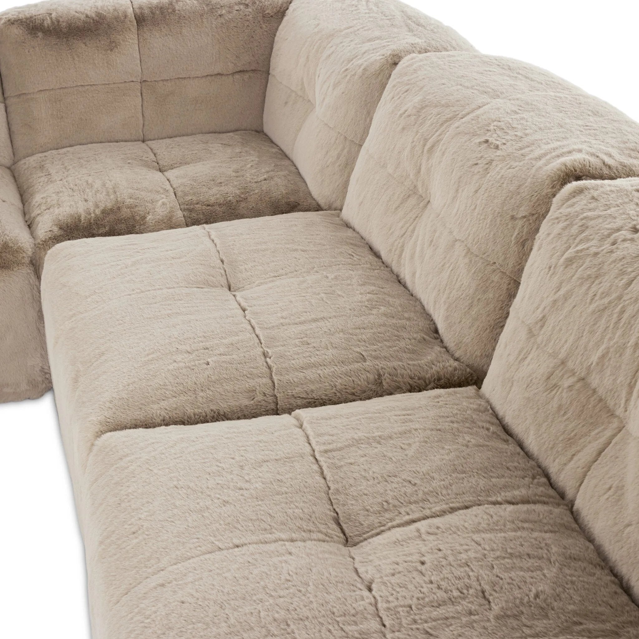 Modularity at its best — and comfiest. Six piece sectional covered in a plush fabric that's luxuriously soft to the touch Amethyst Home provides interior design, new home construction design consulting, vintage area rugs, and lighting in the Boston metro area.