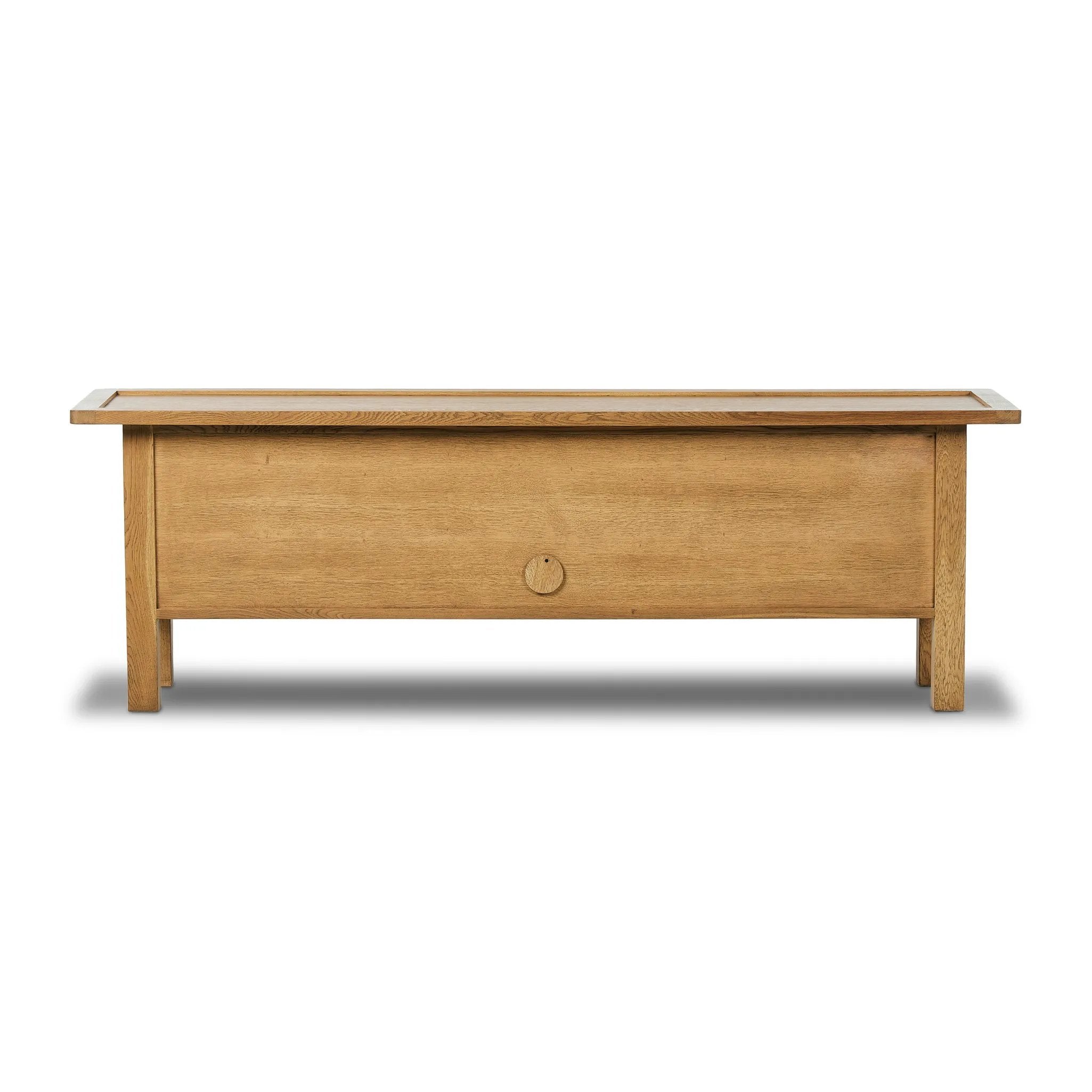 Inspired by a vintage general store counter, this console table features a heritage design with a modern twist. Thick oak legs with softened corners provide sturdy support, while oak knobs add a touch of classic charm. The inset tray top and varied drawer configuration offer ample storage Amethyst Home provides interior design, new home construction design consulting, vintage area rugs, and lighting in the Calabasas metro area.