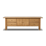 Inspired by a vintage general store counter, this console table features a heritage design with a modern twist. Thick oak legs with softened corners provide sturdy support, while oak knobs add a touch of classic charm. The inset tray top and varied drawer configuration offer ample storage Amethyst Home provides interior design, new home construction design consulting, vintage area rugs, and lighting in the Dallas metro area.