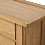 Inspired by a vintage general store counter, this console table features a heritage design with a modern twist. Thick oak legs with softened corners provide sturdy support, while oak knobs add a touch of classic charm. The inset tray top and varied drawer configuration offer ample storage Amethyst Home provides interior design, new home construction design consulting, vintage area rugs, and lighting in the Los Angeles metro area.