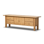 Inspired by a vintage general store counter, this console table features a heritage design with a modern twist. Thick oak legs with softened corners provide sturdy support, while oak knobs add a touch of classic charm. The inset tray top and varied drawer configuration offer ample storage Amethyst Home provides interior design, new home construction design consulting, vintage area rugs, and lighting in the Omaha metro area.