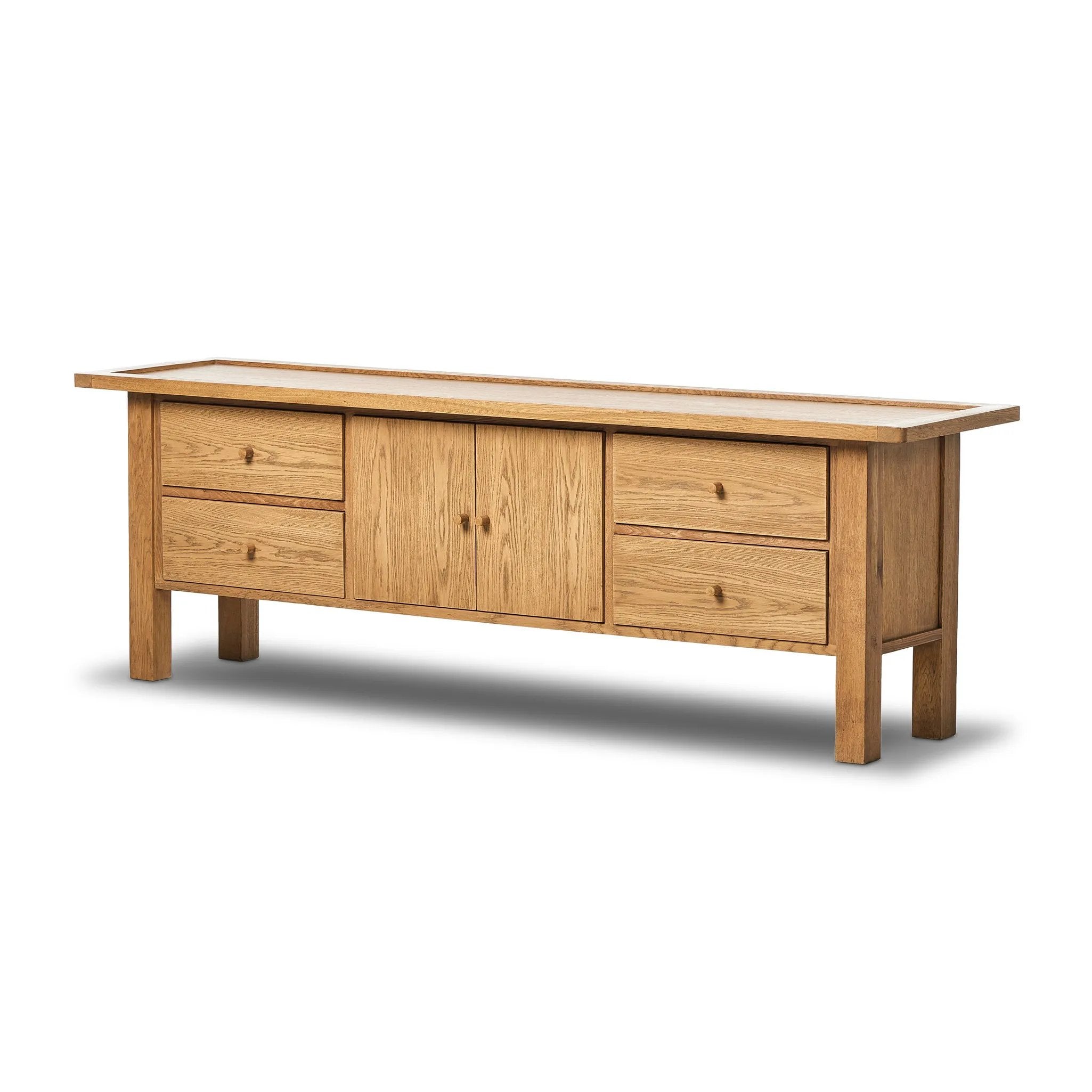 Inspired by a vintage general store counter, this console table features a heritage design with a modern twist. Thick oak legs with softened corners provide sturdy support, while oak knobs add a touch of classic charm. The inset tray top and varied drawer configuration offer ample storage Amethyst Home provides interior design, new home construction design consulting, vintage area rugs, and lighting in the Omaha metro area.