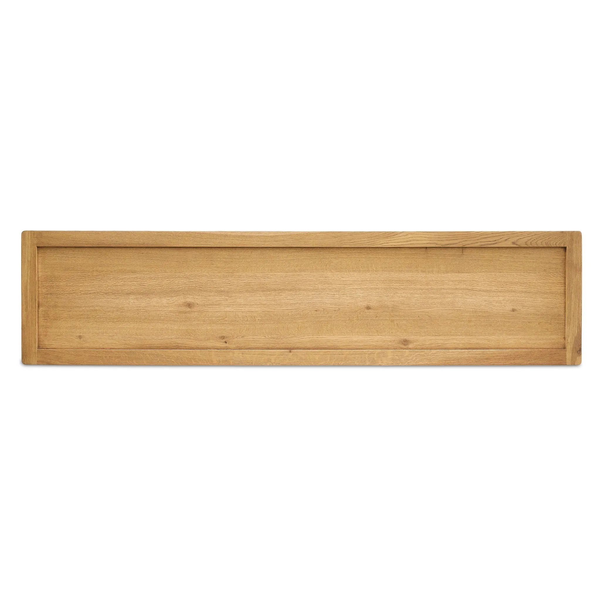 Inspired by a vintage general store counter, this console table features a heritage design with a modern twist. Thick oak legs with softened corners provide sturdy support, while oak knobs add a touch of classic charm. The inset tray top and varied drawer configuration offer ample storage Amethyst Home provides interior design, new home construction design consulting, vintage area rugs, and lighting in the Seattle metro area.
