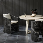 Featuring Mondira Arashi Salt Outdoor Dining Chair by Four Hands at Amethyst Home. A stunning spot for outdoor daydreaming. The linear rope-based design on this beautifully woven outdoor dining chair is paired with clean curves. Designed with an angular cutout detail on back so the seat is stunning from all angles. Back and seat cushions are UV-resistant, wate. Amethyst Home provides interior design, new home construction design consulting, vintage area rugs, and lighting in the Austin metro area.