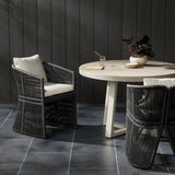 Featuring Mondira Arashi Salt Outdoor Dining Chair by Four Hands at Amethyst Home. A stunning spot for outdoor daydreaming. The linear rope-based design on this beautifully woven outdoor dining chair is paired with clean curves. Designed with an angular cutout detail on back so the seat is stunning from all angles. Back and seat cushions are UV-resistant, wate. Amethyst Home provides interior design, new home construction design consulting, vintage area rugs, and lighting in the Austin metro area.