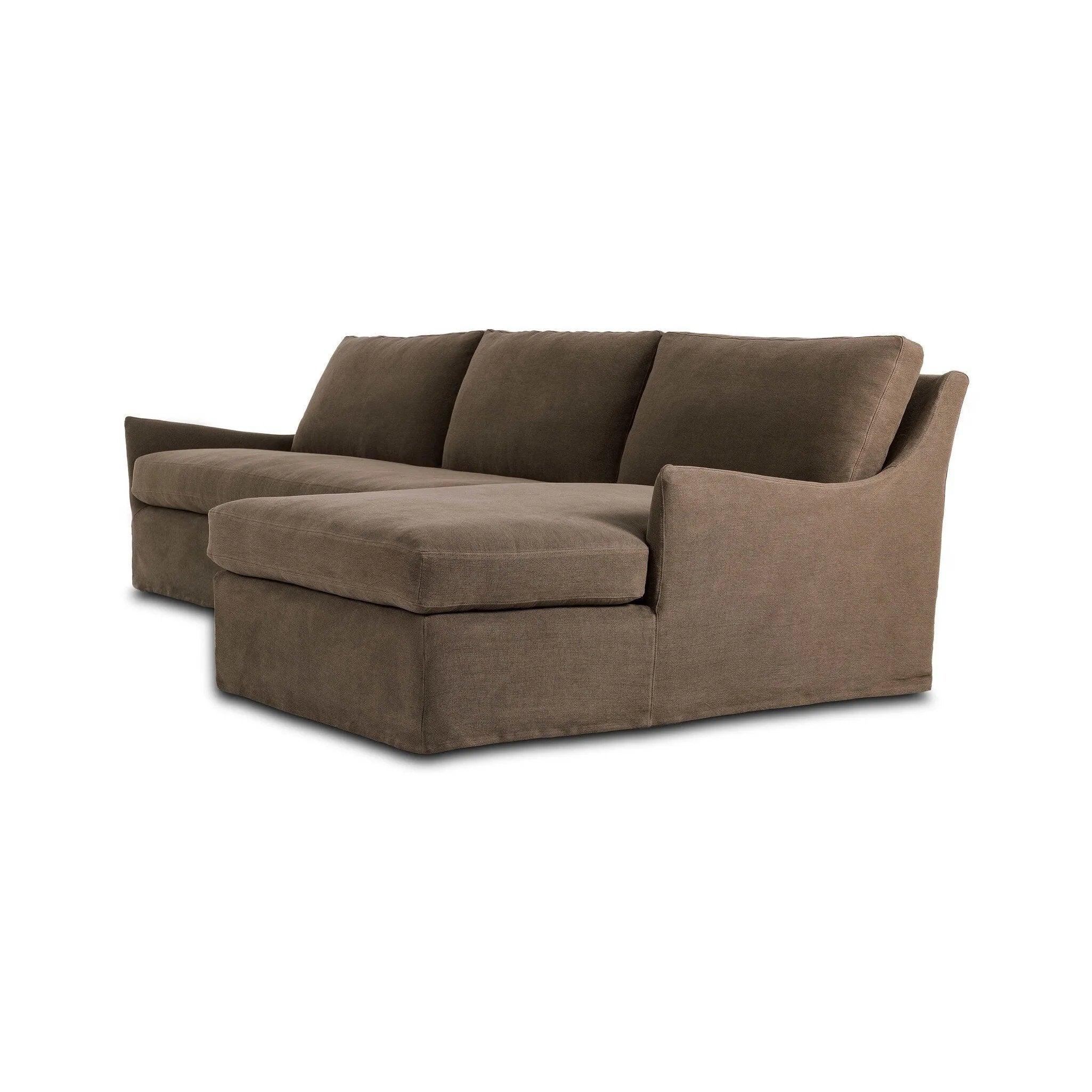 This two-piece sectional is defined by slightly sloping, flared arms and a floor-length slipcover. Finished in a soft, tight weave slipcover for a traditional style. Durable and soft to the touch, Libeco™-sourced linens are artisan-made and free of toxic chemicals. Slipcovered styles are fully removable and machine-washable for easy care Amethyst Home provides interior design, new home construction design consulting, vintage area rugs, and lighting in the Houston metro area.