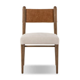 Mixed materials place a modern twist on the sling-back dining chair. A solid oak frame forms rounded dowel legs for a touch of traditionalism, with top-grain leather in a warm chestnut Amethyst Home provides interior design, new home construction design consulting, vintage area rugs, and lighting in the Monterey metro area.