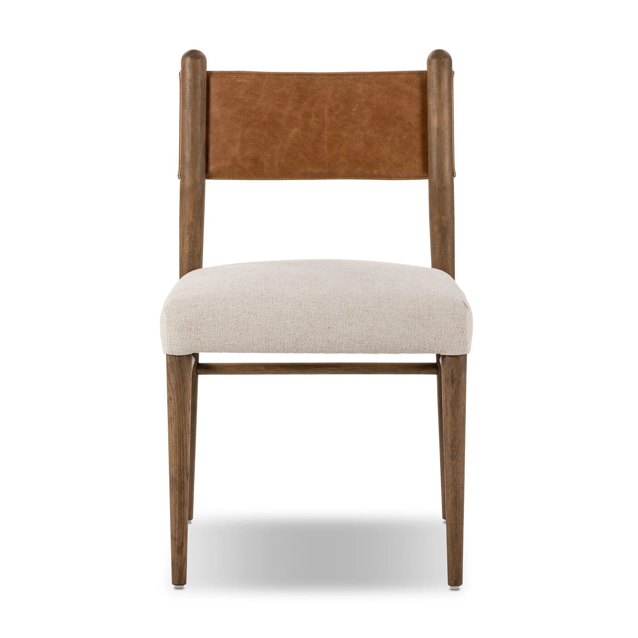 Mixed materials place a modern twist on the sling-back dining chair. A solid oak frame forms rounded dowel legs for a touch of traditionalism, with top-grain leather in a warm chestnut Amethyst Home provides interior design, new home construction design consulting, vintage area rugs, and lighting in the Monterey metro area.