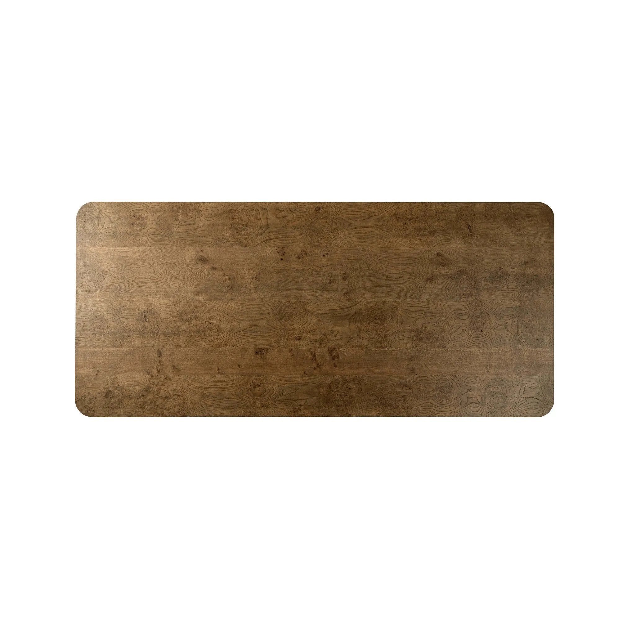 This monolithic piece features a grand plinth base, subtly rounded corners and bullnose edges. A mix of solid oak and oak veneer offers the best of both worlds: beautiful movement from the natural oak graining and added character from the burl veneer finish. Amethyst Home provides interior design, new home construction design consulting, vintage area rugs, and lighting in the Los Angeles metro area.