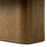This monolithic piece features a grand plinth base, subtly rounded corners and bullnose edges. A mix of solid oak and oak veneer offers the best of both worlds: beautiful movement from the natural oak graining and added character from the burl veneer finish. Amethyst Home provides interior design, new home construction design consulting, vintage area rugs, and lighting in the Newport Beach metro area.