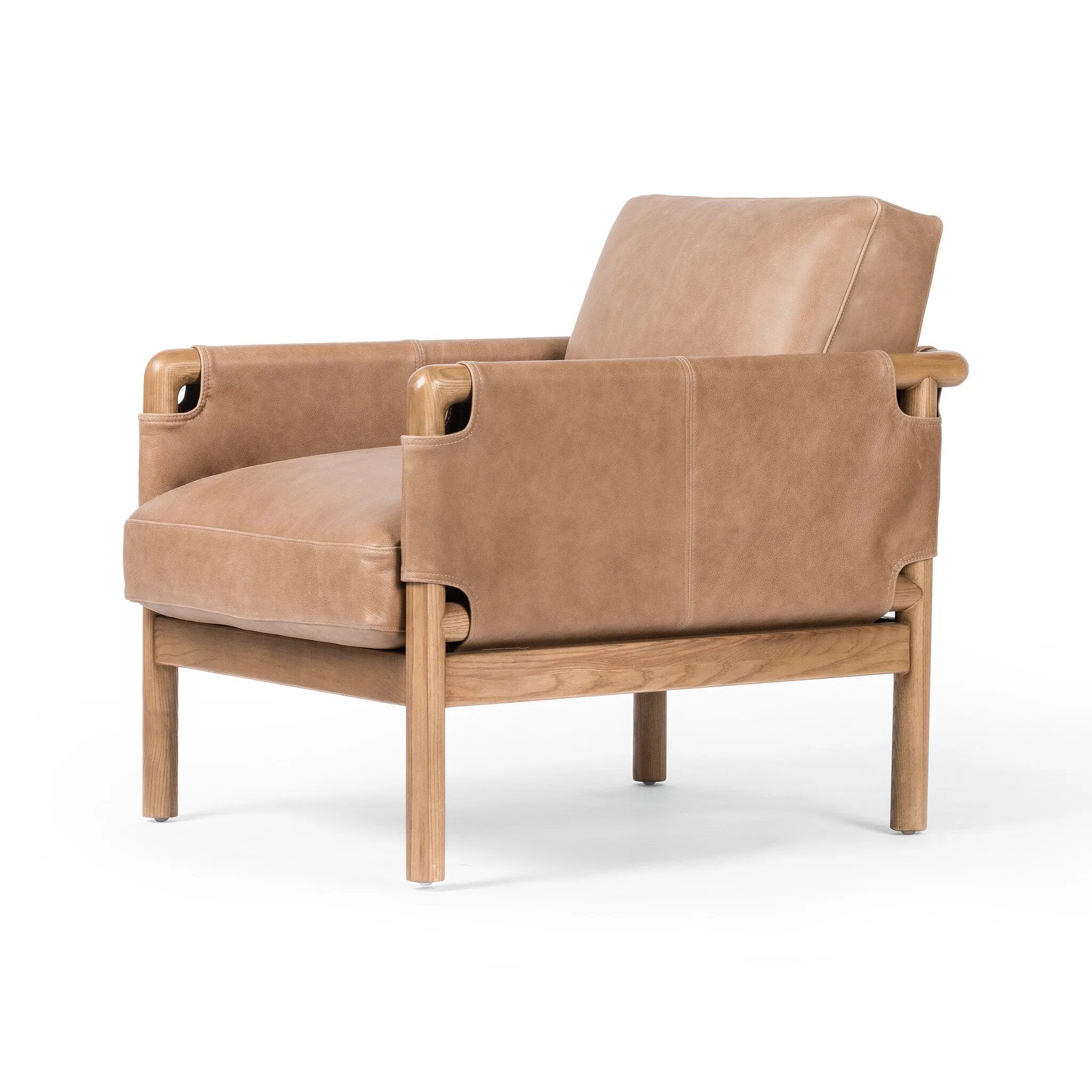Safari inspiration meets zen aspirations. A cylindrical frame is crafted, smoothed and rounded from solid ash wood. Includes two loose feather-blend cushions covered in subtly distressed thick cut leather in a neutral taupe hue for a monochromatic look Amethyst Home provides interior design, new home construction design consulting, vintage area rugs, and lighting in the Alpharetta metro area.