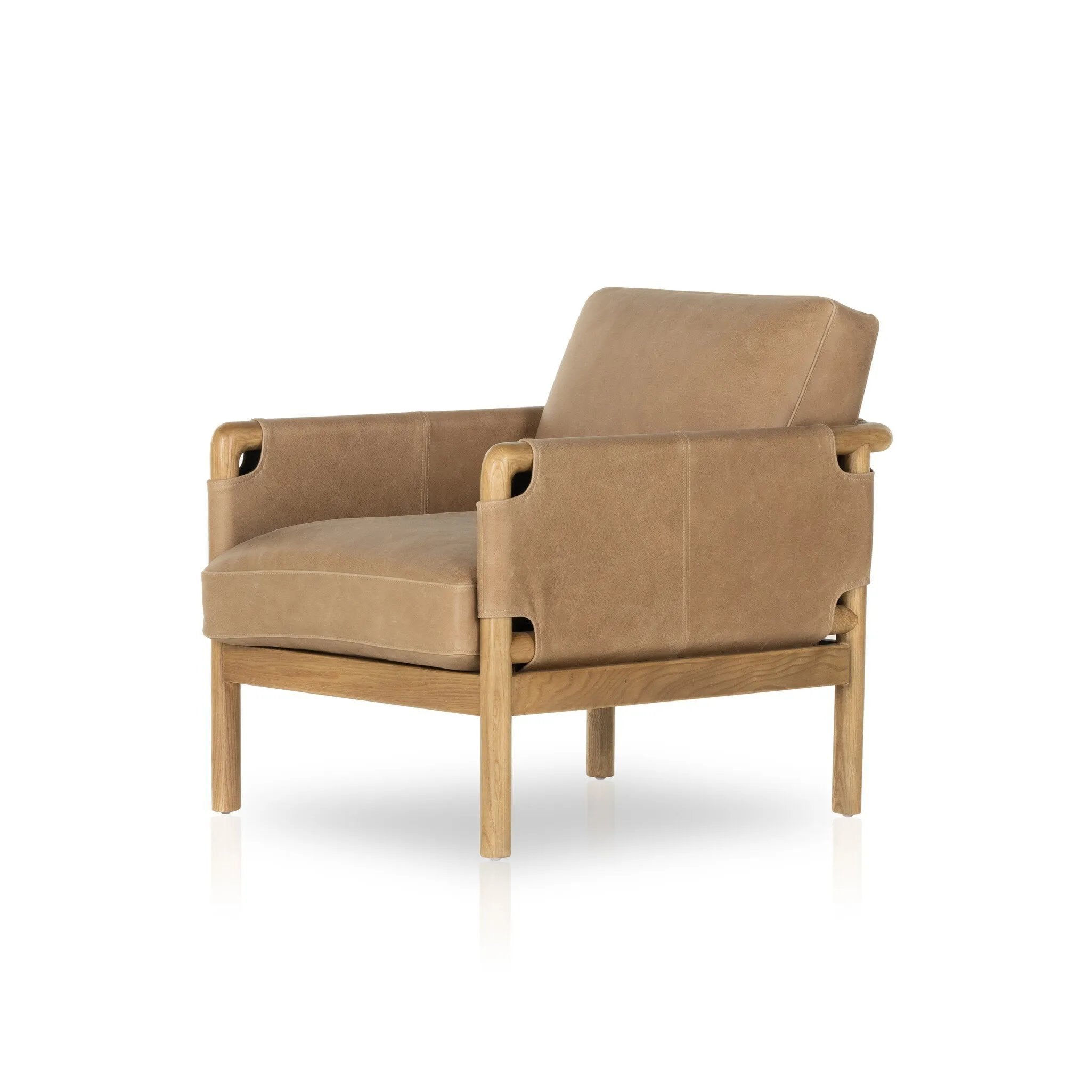 Safari inspiration meets zen aspirations. A cylindrical frame is crafted, smoothed and rounded from solid ash wood. Includes two loose feather-blend cushions covered in subtly distressed thick cut leather in a neutral taupe hue for a monochromatic look Amethyst Home provides interior design, new home construction design consulting, vintage area rugs, and lighting in the Boston metro area.