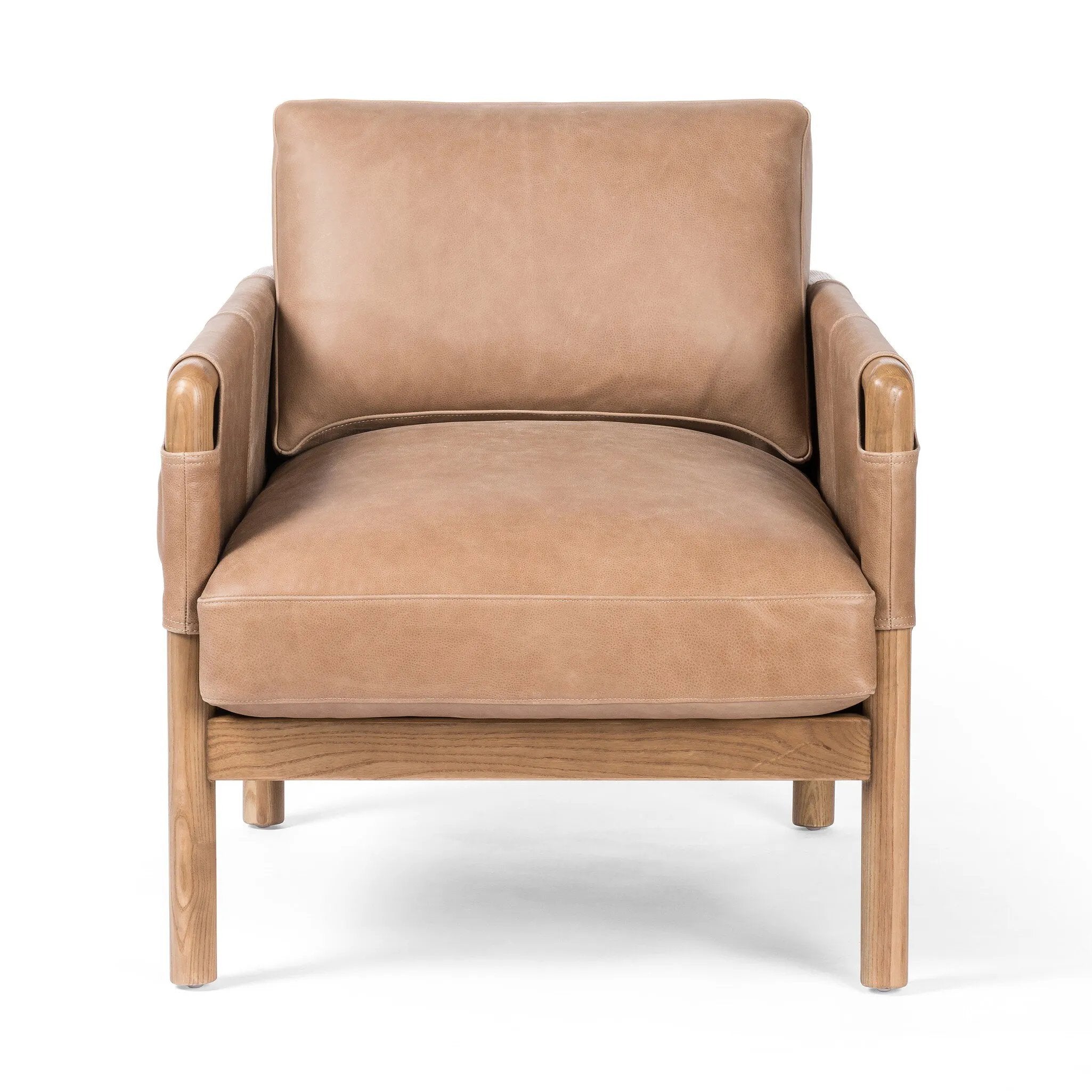Safari inspiration meets zen aspirations. A cylindrical frame is crafted, smoothed and rounded from solid ash wood. Includes two loose feather-blend cushions covered in subtly distressed thick cut leather in a neutral taupe hue for a monochromatic look Amethyst Home provides interior design, new home construction design consulting, vintage area rugs, and lighting in the Los Angeles metro area.
