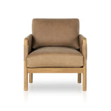 Safari inspiration meets zen aspirations. A cylindrical frame is crafted, smoothed and rounded from solid ash wood. Includes two loose feather-blend cushions covered in subtly distressed thick cut leather in a neutral taupe hue for a monochromatic look Amethyst Home provides interior design, new home construction design consulting, vintage area rugs, and lighting in the Portland metro area.