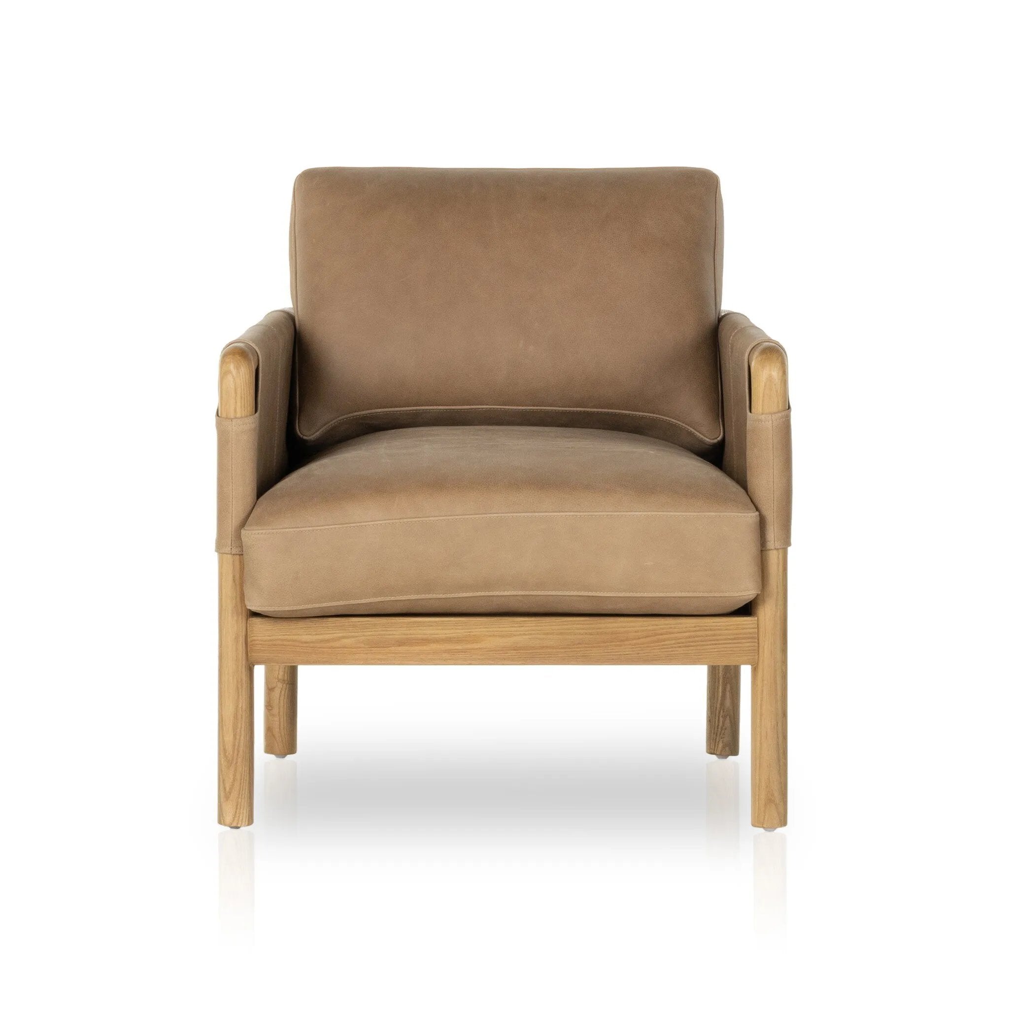 Safari inspiration meets zen aspirations. A cylindrical frame is crafted, smoothed and rounded from solid ash wood. Includes two loose feather-blend cushions covered in subtly distressed thick cut leather in a neutral taupe hue for a monochromatic look Amethyst Home provides interior design, new home construction design consulting, vintage area rugs, and lighting in the Portland metro area.