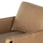 Safari inspiration meets zen aspirations. A cylindrical frame is crafted, smoothed and rounded from solid ash wood. Includes two loose feather-blend cushions covered in subtly distressed thick cut leather in a neutral taupe hue for a monochromatic look Amethyst Home provides interior design, new home construction design consulting, vintage area rugs, and lighting in the Washington metro area.