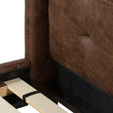 Subtle, modern elegance. A low, tufted headboard in a vintage tobacco faux leather pairs with a simple gunmetal iron base Amethyst Home provides interior design, new home construction design consulting, vintage area rugs, and lighting in the Washington metro area.