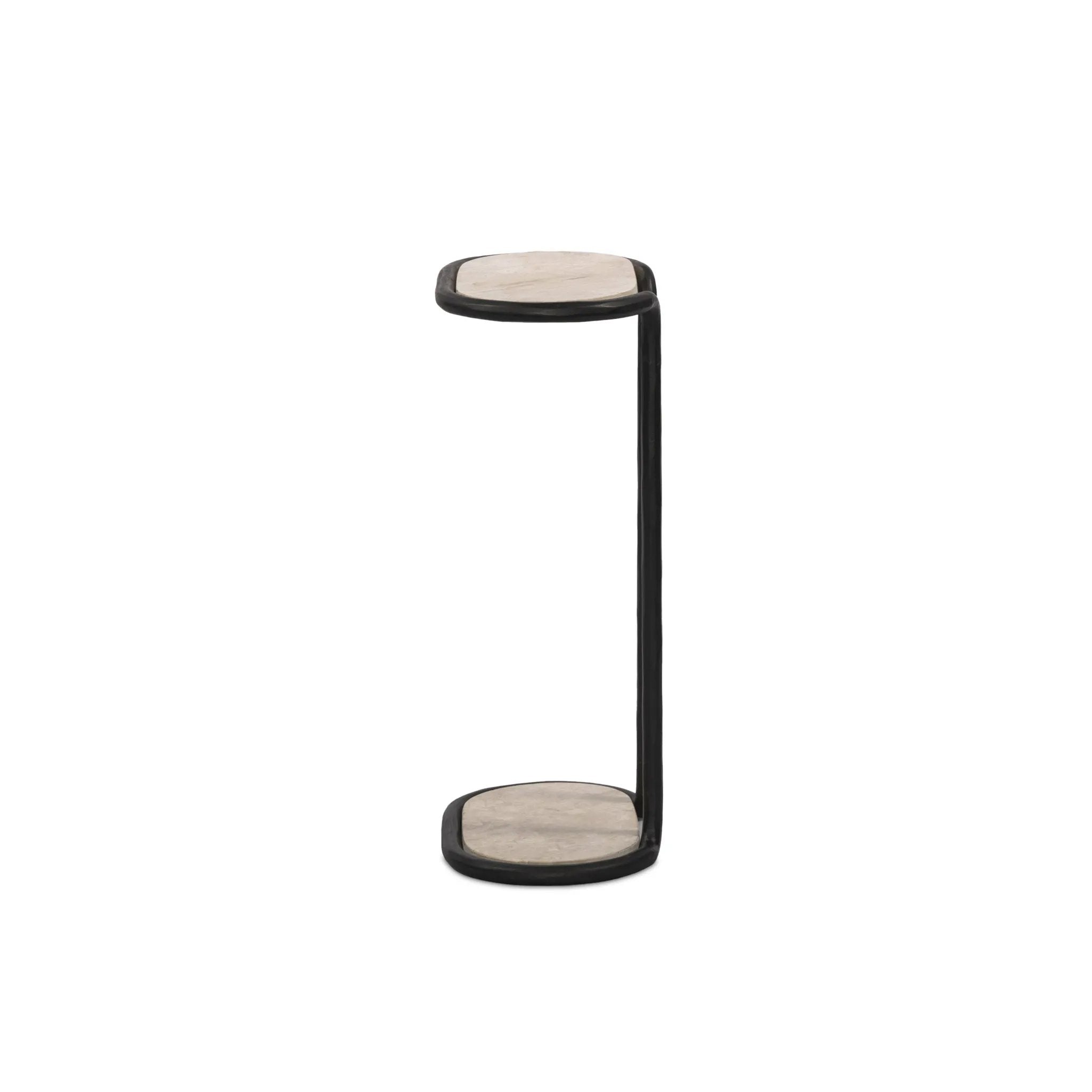 Hammered gunmetal forms a classic C-style frame for top and bottom surfaces of cream marble. Smaller scale enables moving from room to room with ease Amethyst Home provides interior design, new home construction design consulting, vintage area rugs, and lighting in the Miami metro area.