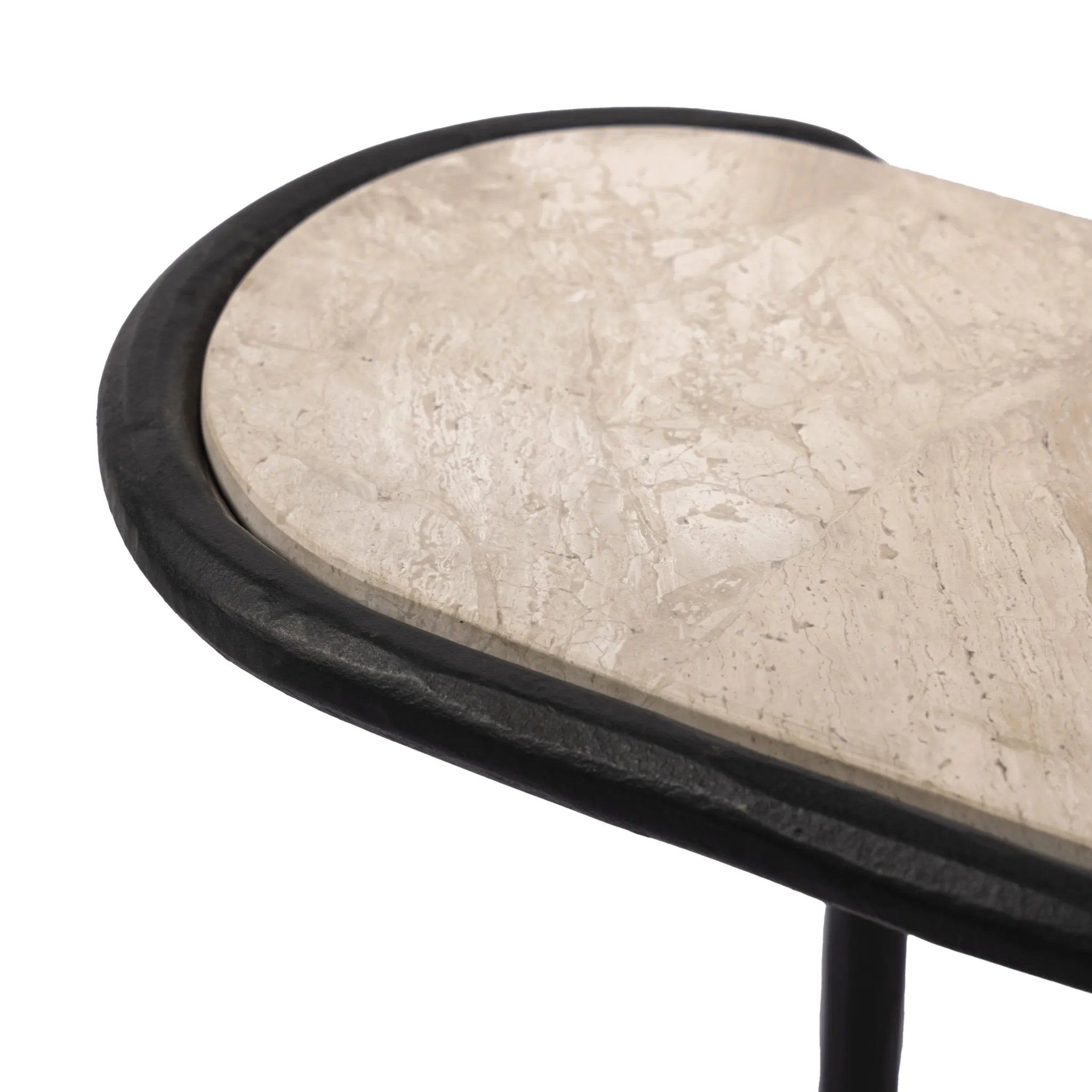 Hammered gunmetal forms a classic C-style frame for top and bottom surfaces of cream marble. Smaller scale enables moving from room to room with ease Amethyst Home provides interior design, new home construction design consulting, vintage area rugs, and lighting in the Scottsdale metro area.