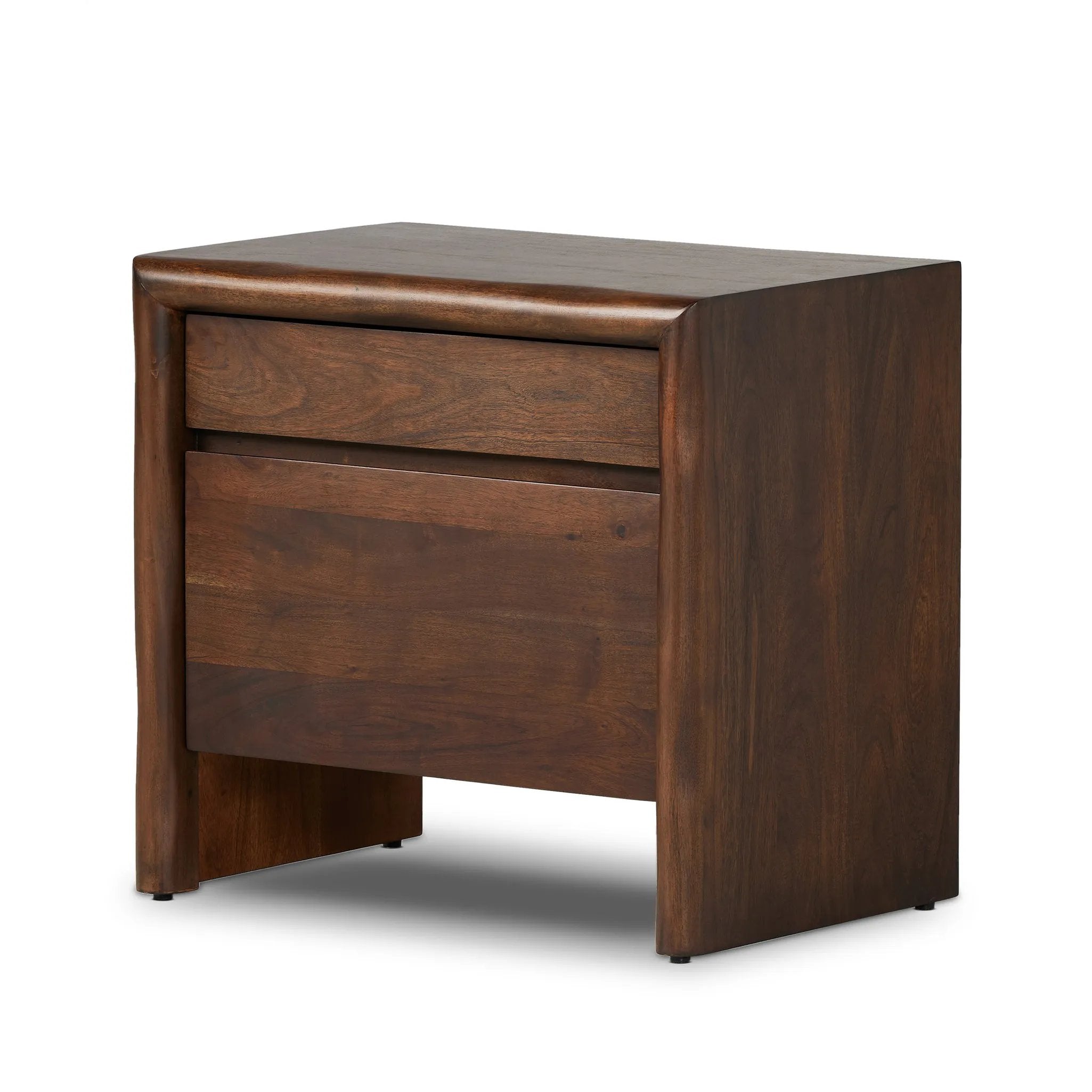 A faux live edge lends natural character to the waterfall frame, its mitered corners enhancing the seamless silhouette. Soft volumes and thick proportions exude a sense of permanence, while chamfered drawer pulls add refined functionality. The warm wood tones celebrate acacia's rich grain patterns Amethyst Home provides interior design, new home construction design consulting, vintage area rugs, and lighting in the Omaha metro area.