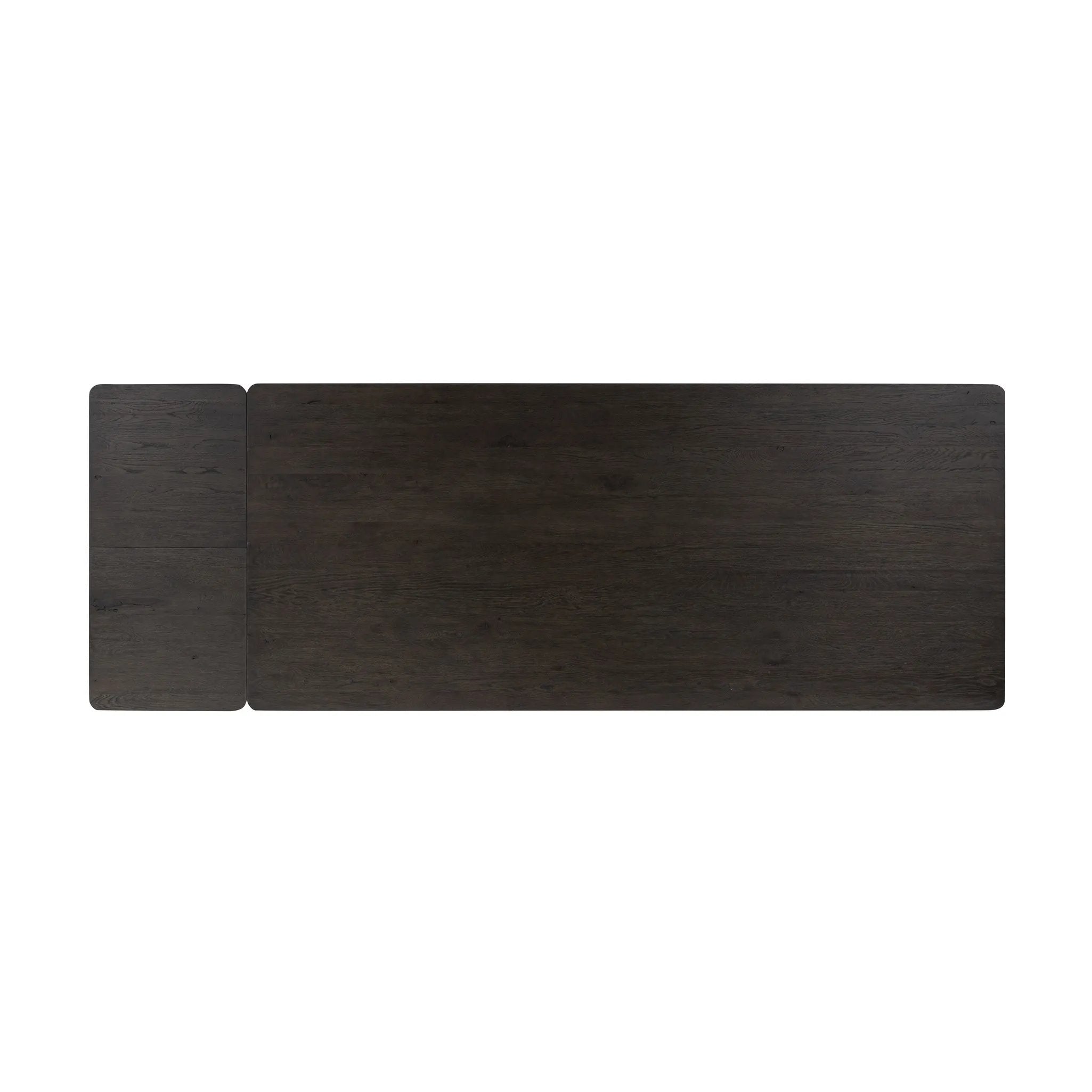 Made from smoked black oak with intentional cracking for an aged look, a self-storing extension creates space for extra guests. Equipped with four lockable wheels for easy extension to 116" Amethyst Home provides interior design, new home construction design consulting, vintage area rugs, and lighting in the Austin metro area.