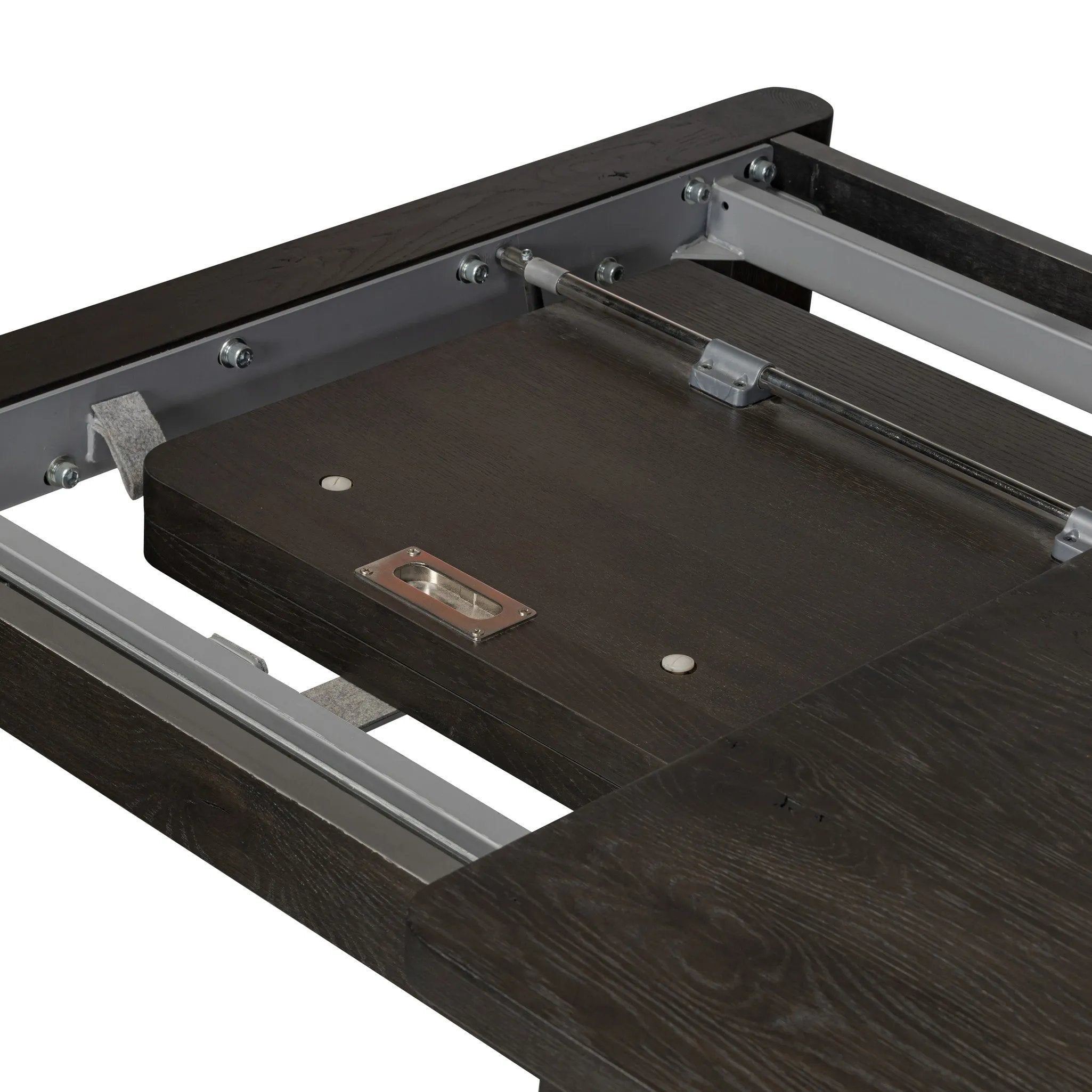 Made from smoked black oak with intentional cracking for an aged look, a self-storing extension creates space for extra guests. Equipped with four lockable wheels for easy extension to 116" Amethyst Home provides interior design, new home construction design consulting, vintage area rugs, and lighting in the Houston metro area.